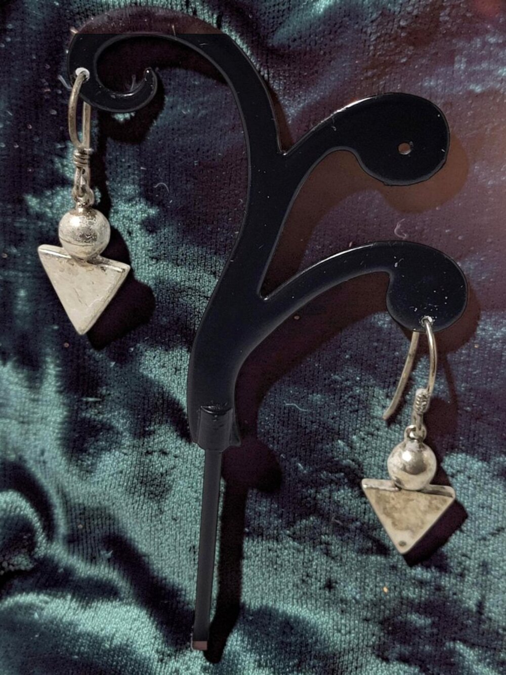 Vintage Sterling Silver Geometric Triangle,Ball Design Drop Earwire Earrings